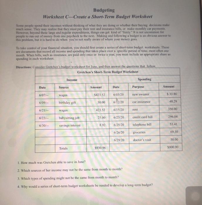 Solved Budgeting Worksheet C Create A Short Term Budget Chegg
