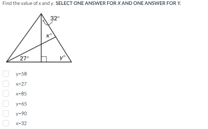 Solved Find the value of x ﻿and y. ﻿SELECT ONE ANSWER FOR x | Chegg.com