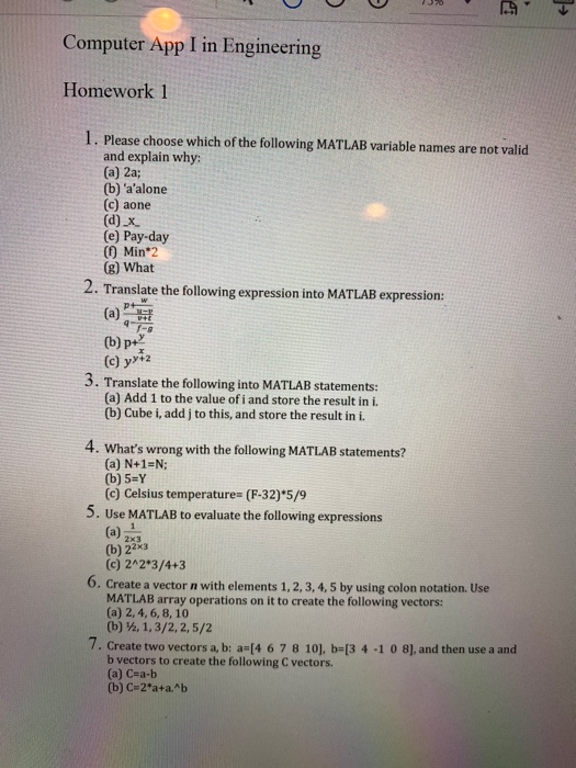Solved Computer App I in Engineering Homework 1 1. Please | Chegg.com