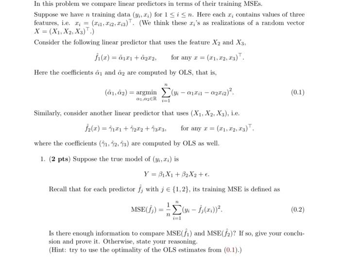 Solved In this problem we compare linear predictors in terms | Chegg.com