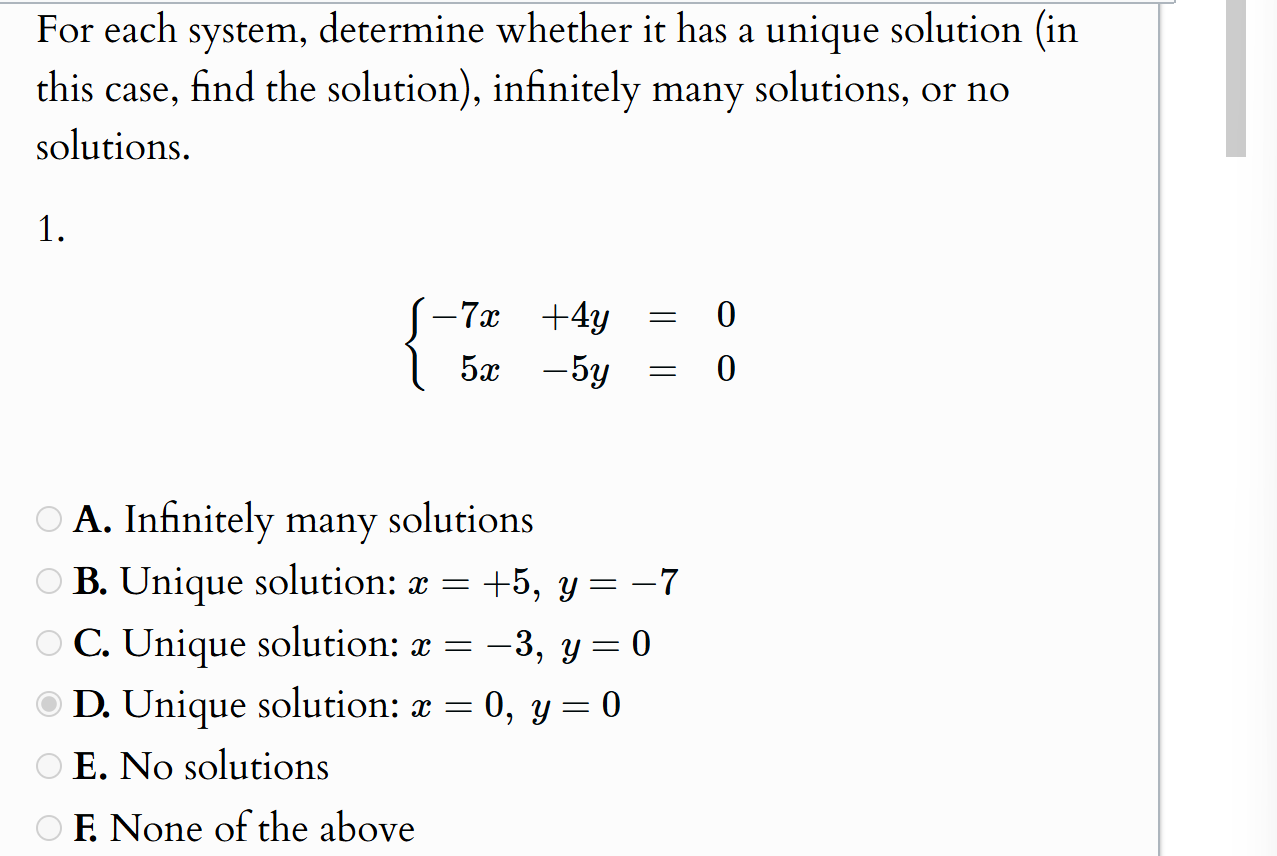 Unique Solutions Example Graph Solved For each system, determine whether it has a unique | Chegg.com