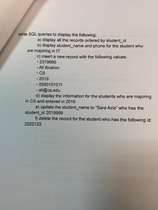 Solved O Write SQL queries to display the following: a) | Chegg.com