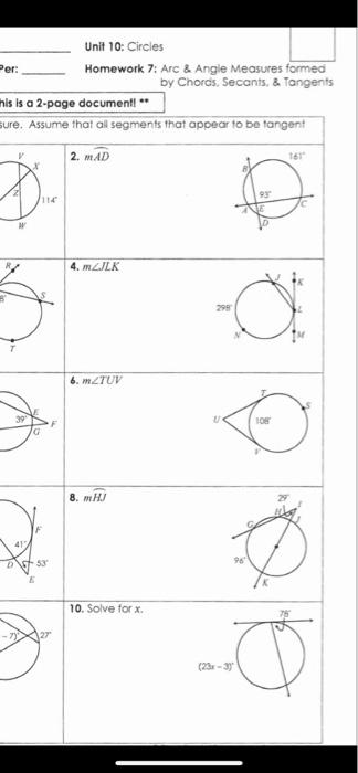 Arc And Angle Measures Formed By Chords Secants And Tangents Worksheet Answers