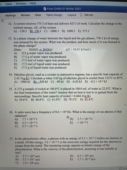 Solved Mat Tools Table Window Help Final Chem 51 Winter 2 Chegg Com