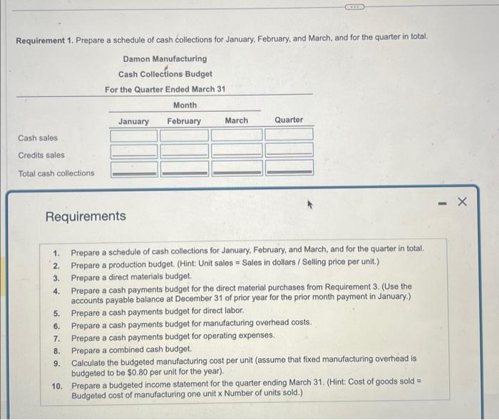 Requirement 1. Prepare a schedule of cash collections for January, February, and March, and for the quarter in total.
Require