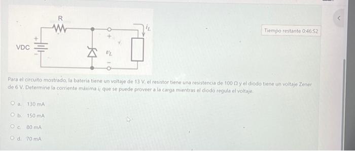 Para el circuito mostrado, la bateria tiene un voltaje de \( 13 \mathrm{~V} \). el resistor tiene una resistencia de \( 100 \