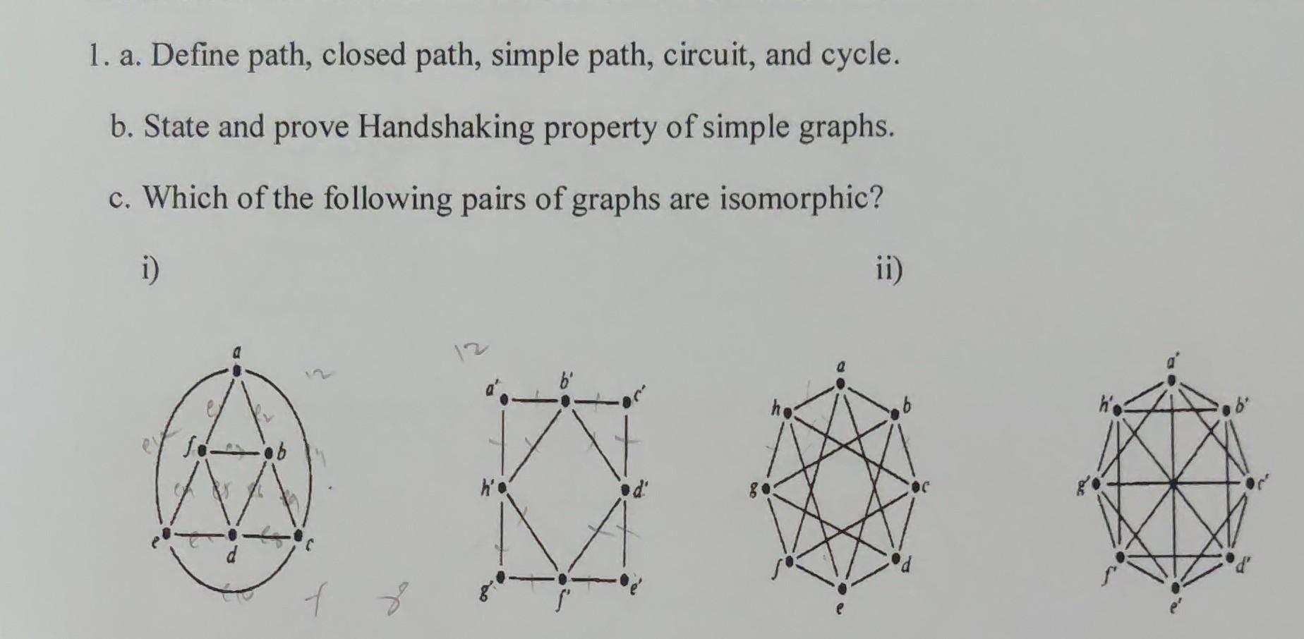 Solved 1. a. Define path, closed path, simple path, circuit, | Chegg.com