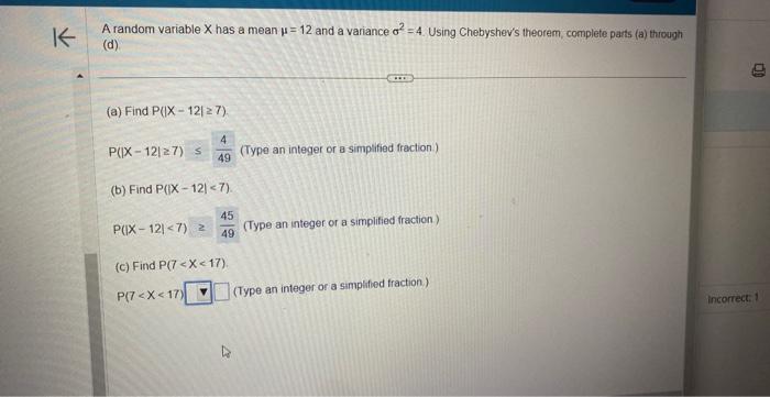 Solved A random variable X has a mean μ=12 and a variance | Chegg.com