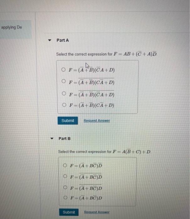 Solved applying De Part A Select the correct expression for | Chegg.com