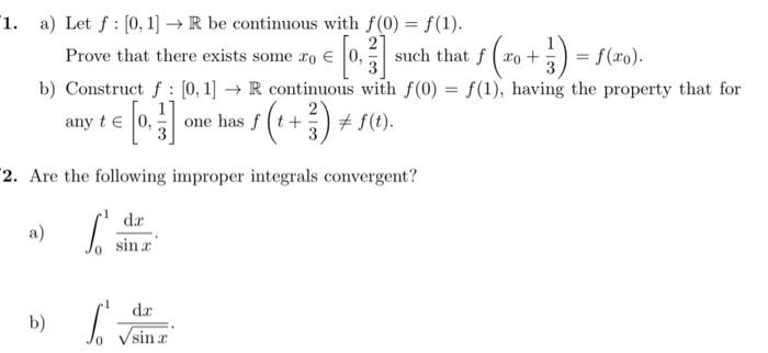 Solved 1 A Let F [0 1]→r Be Continuous With F 0 F 1