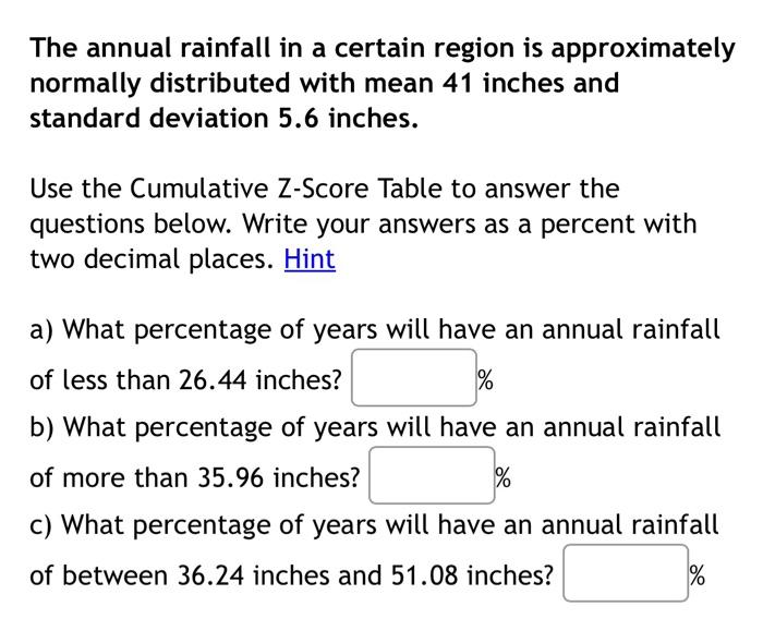 Solved The annual rainfall in a certain region is | Chegg.com