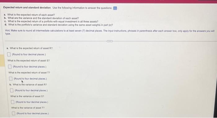 Expected return and standard deviation. Use the | Chegg.com