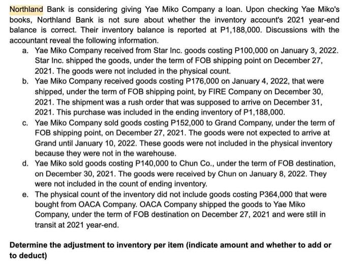 Solved Northland Bank is considering giving Yae Miko Company