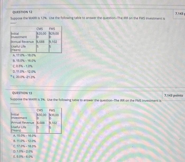 Suppose the MARR is 12\. Use the following table to