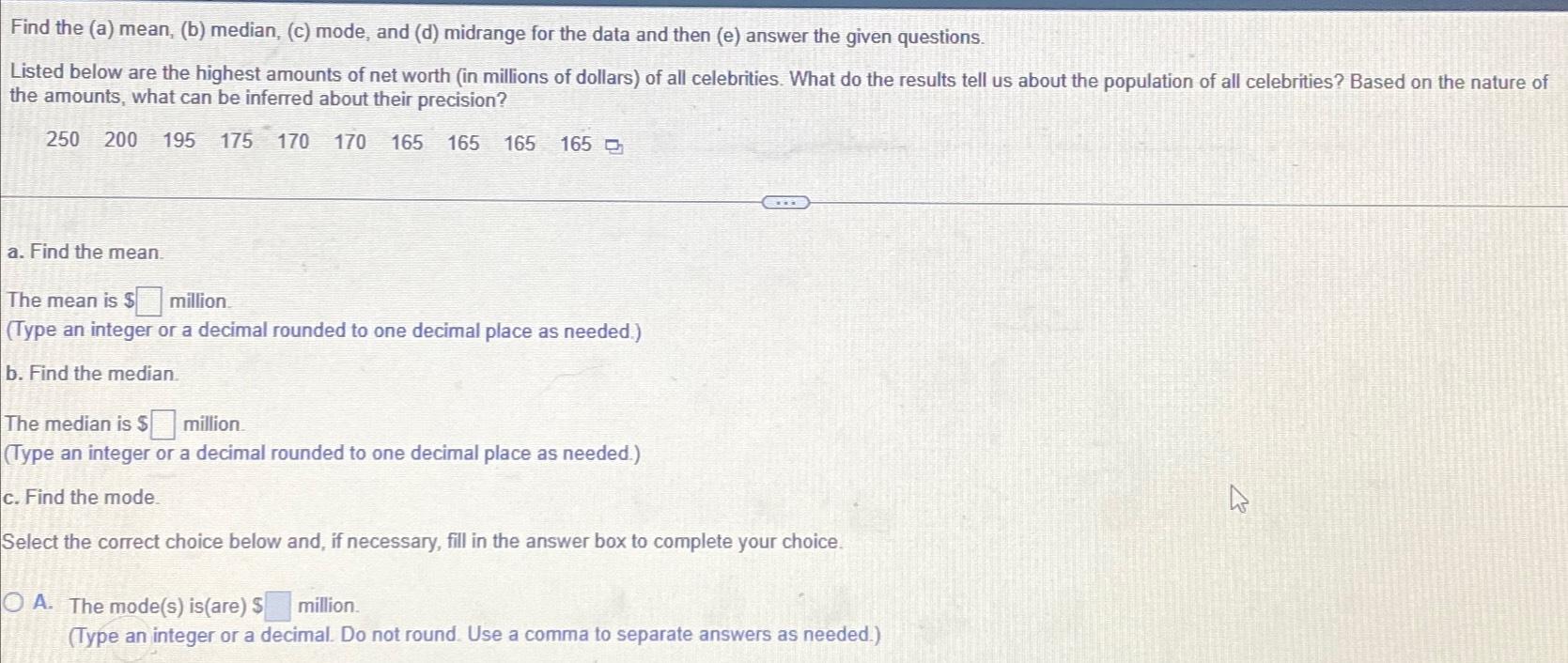 Solved Find The (a) ﻿mean, (b) ﻿median, (c) ﻿mode, And (d) | Chegg.com