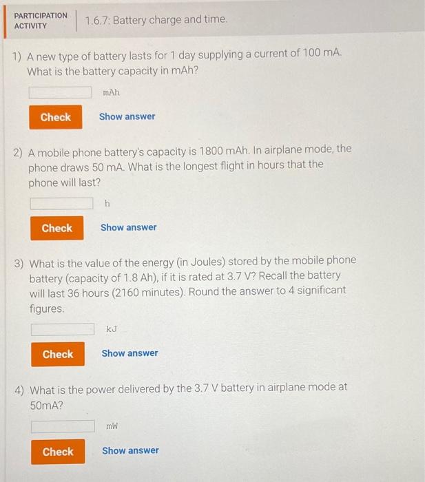 Solved PARTICIPATION ACTIVITY 1.6.7 Battery charge and