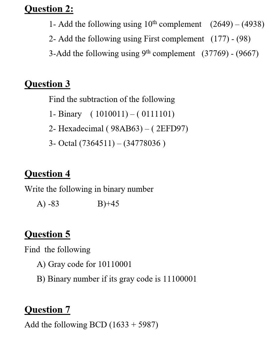 Solved Question 2: 1- Add the following using 10th | Chegg.com