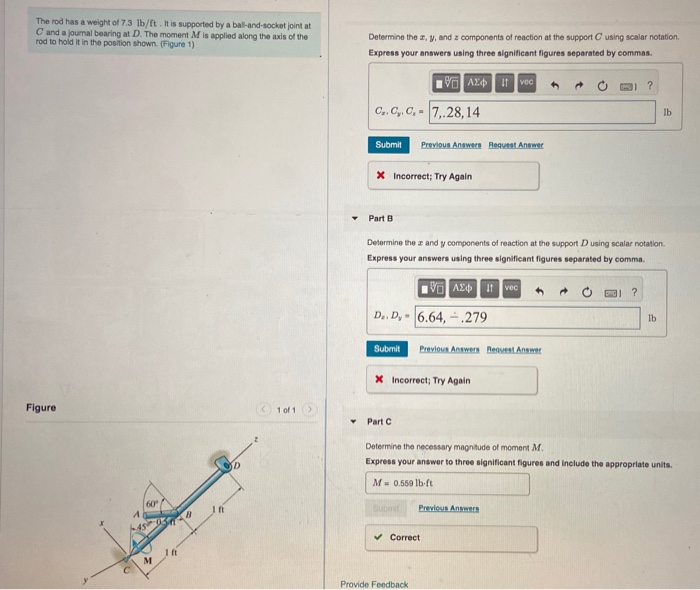 Solved The Rod Has A Weight Of 7.3 Lb/ft . It Is Supported | Chegg.com