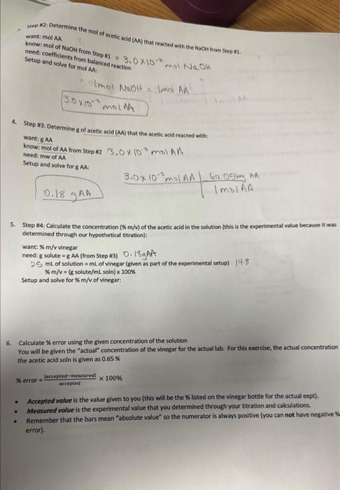 Solved step N2: Determine the mol of acetic add (AW that | Chegg.com