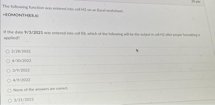 Solved The Following Function Was Entered Into Cell H2 On An | Chegg.com