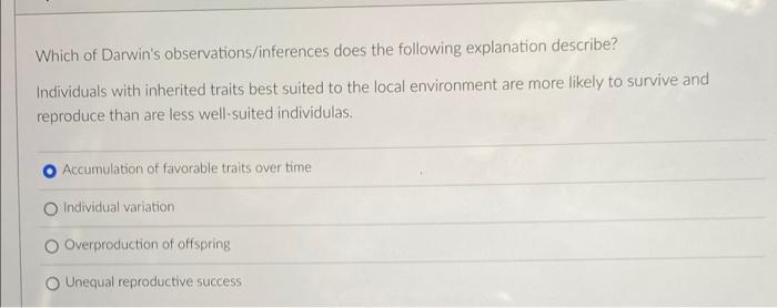 Solved Which of Darwin's observations/inferences does the | Chegg.com