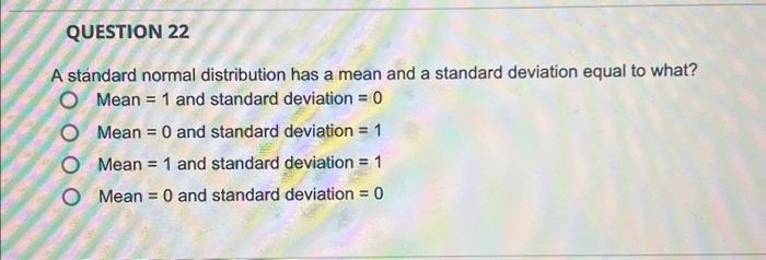 Solved A standard normal distribution has a mean and a | Chegg.com