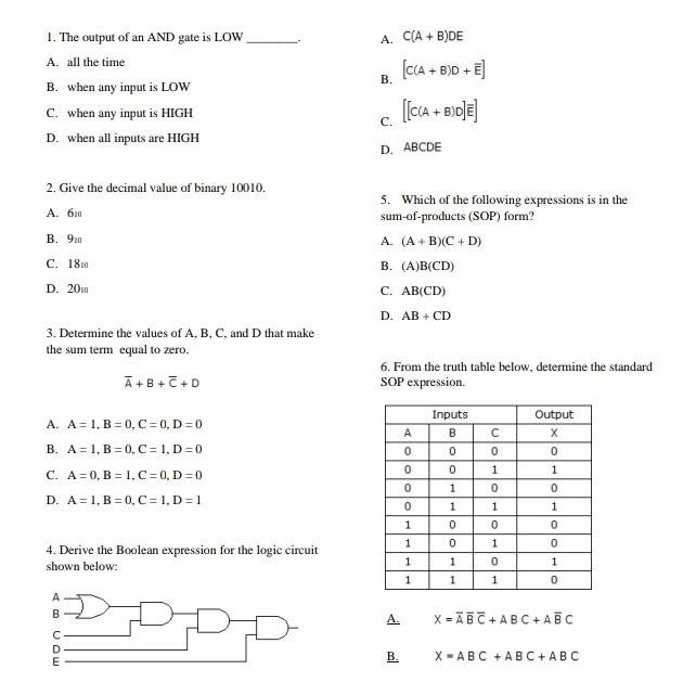 Solved A. C(A + B)DE B. 1. The Output Of An AND Gate Is LOW | Chegg.com