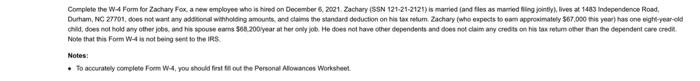 Nobe that this Form W-4 is not being sent to the IRS. | Chegg.com