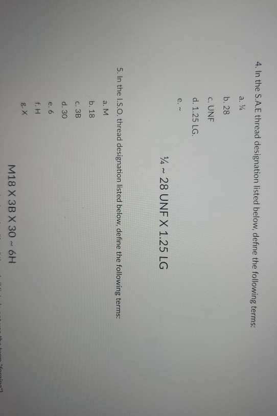 Thread Designation Question Solved 4. In the S.A.E thread designation listed below, | Chegg.com