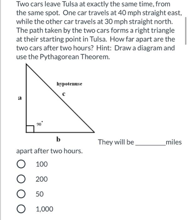 Solved Two cars leave Tulsa at exactly the same time, from | Chegg.com