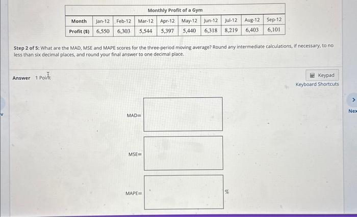 Solved Step 2 of 5: What are the MAD, MSE and MAPE scores | Chegg.com