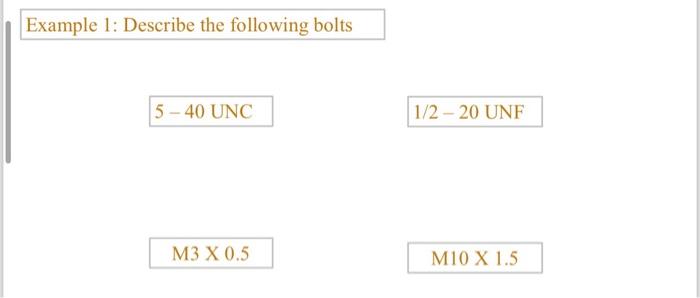 Solved Example 1: Describe the following bolts 5 - 40 UNC | Chegg.com