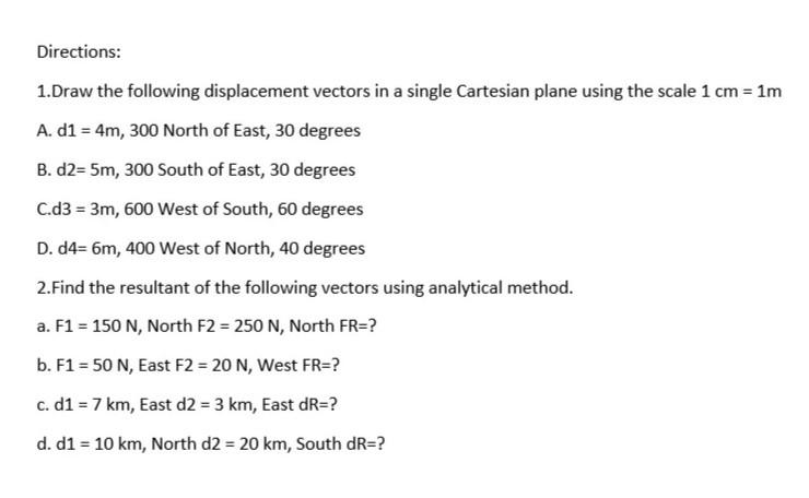 Solved Directions: 1.Draw the following displacement vectors | Chegg.com