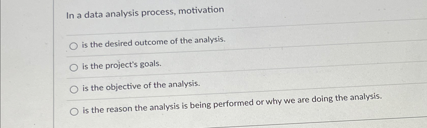 Solved In a data analysis process, motivationis the desired | Chegg.com