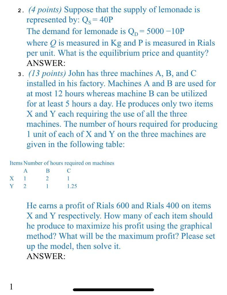 Solved 2. (4 points) Suppose that the supply of lemonade is | Chegg.com