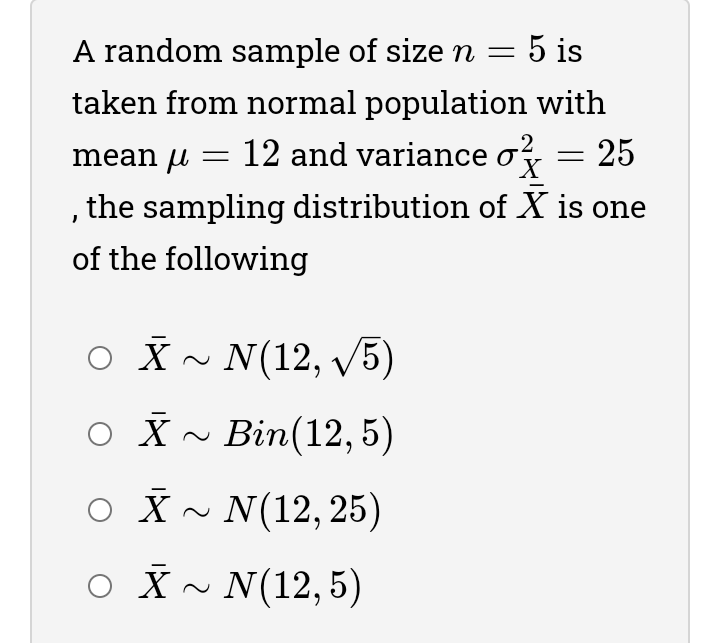 Solved A random sample of size n = 5 is taken from normal | Chegg.com