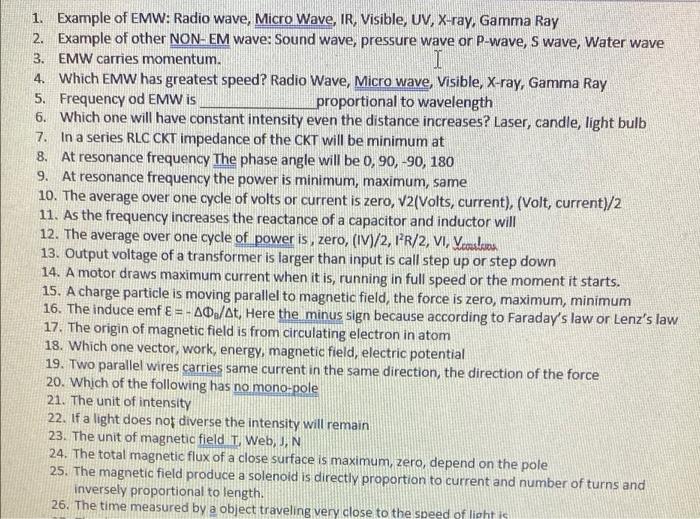 Solved 1. Example of EMW: Radio wave, Micro Wave, IR, | Chegg.com