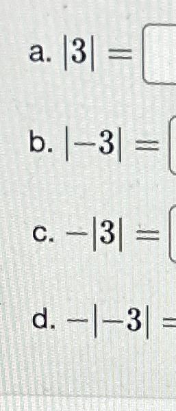 Solved a. |3|=b. |-3|=c. -|3|=d. -|-3|= | Chegg.com