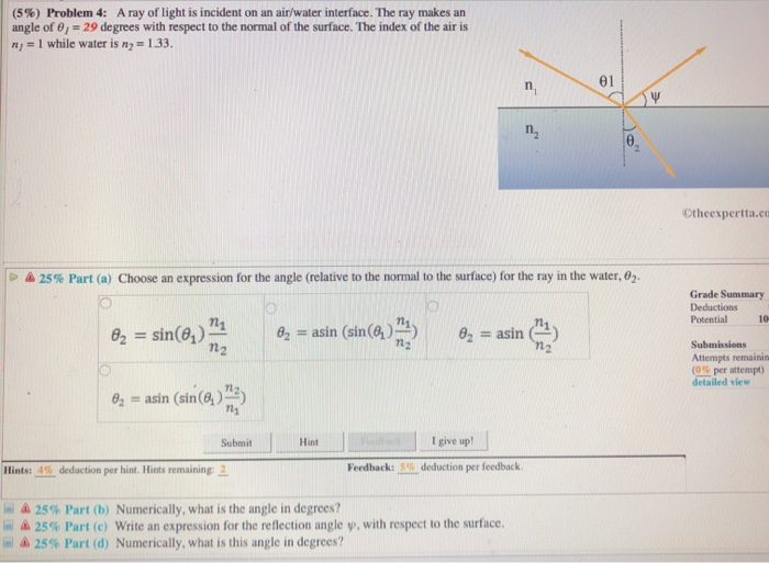 Solved (5%) Problem 4: A ray of light is incident on an | Chegg.com
