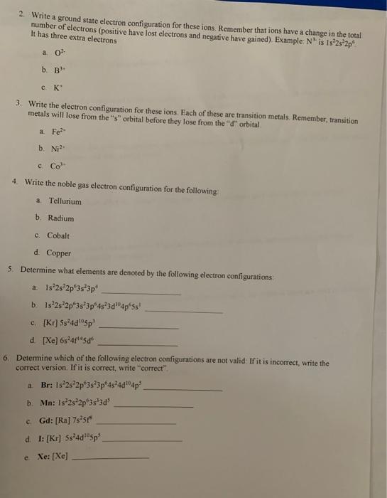 Solved 2. Write a ground state electron configuration for | Chegg.com