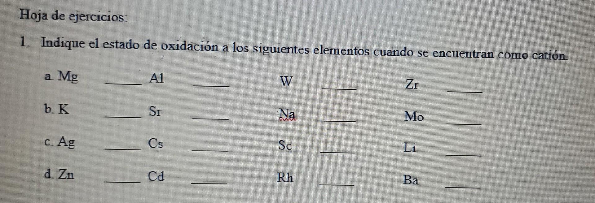 Hoja de ejercicios: 1. Indique el estado de oxidación a los siguientes elementos cuando se encuentran como catión a Mg Zr b.