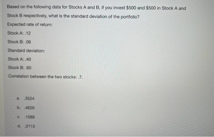 Solved Based On The Following Data For Stocks A And B, If | Chegg.com