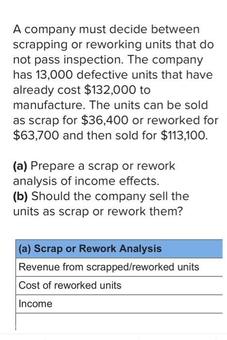 Solved A Company Must Decide Between Scrapping Or Reworking | Chegg.com