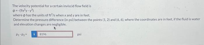 Solved The velocity potential for a certain inviscid flow | Chegg.com