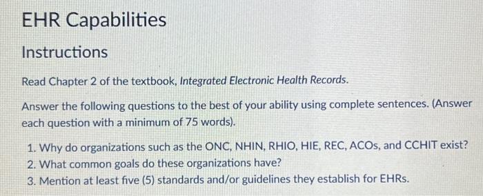 Solved EHR Capabilities Instructions Read Chapter 2 of the | Chegg.com