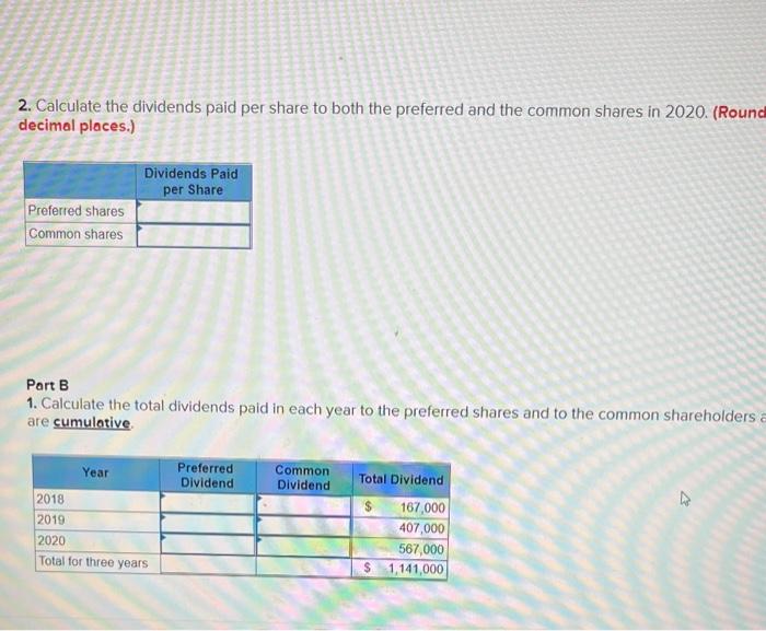 2. Calculate the dividends paid per share to both the preferred and the common shares in 2020 . (Round decimal places.)
Part 