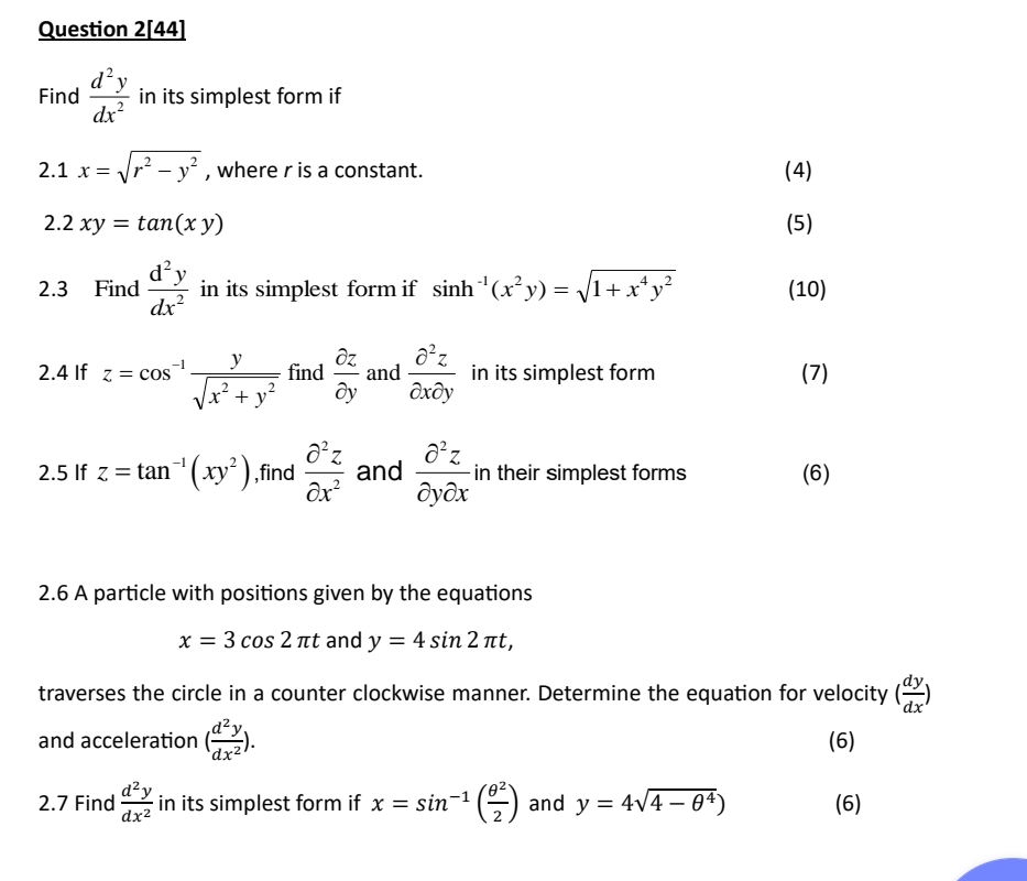 Solved Question 2[44]find D2ydx2 ﻿in Its Simplest Form