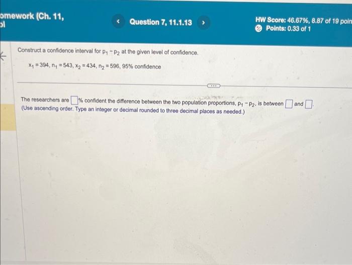 Solved Construct a confidence interval for p1−p2 at the | Chegg.com