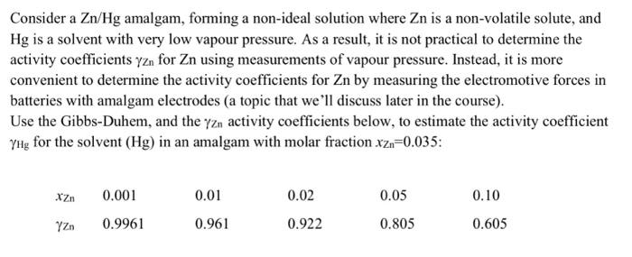 Consider a \( \mathrm{Zn} / \mathrm{Hg} \) amalgam, forming a non-ideal solution where \( \mathrm{Zn} \) is a non-volatile so