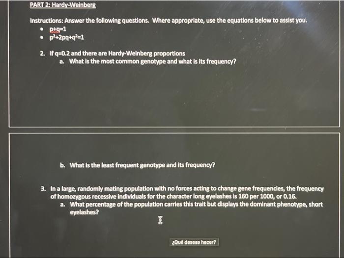 Solved PART 2: Hardy-Weinberg Instructions: Answer The | Chegg.com